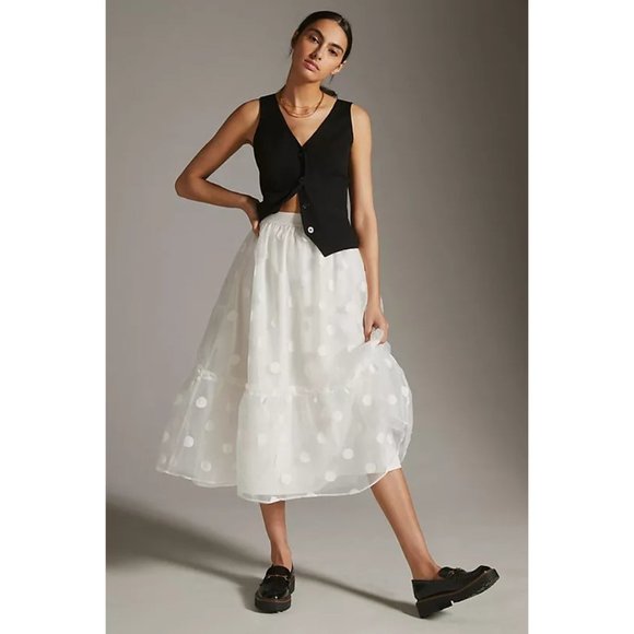 17. Anthropologie Eva Franco Tulle Midi Skirt White Organza with polka dots nwt - Picture 1 of 9